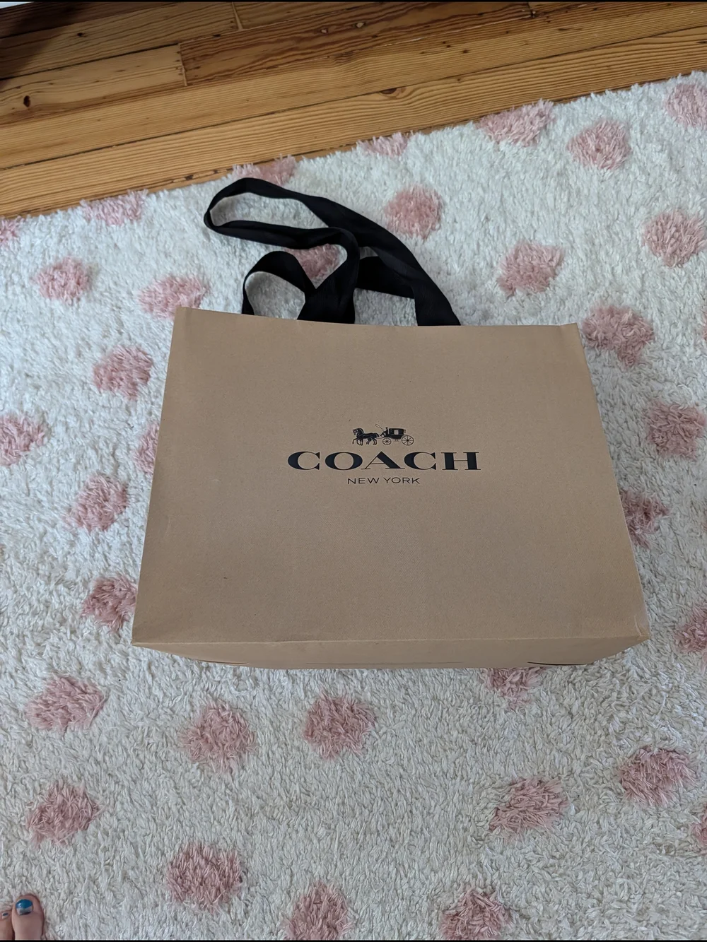 Coach Tan Paper Gift Paper Tote with Black Ribbon Handles